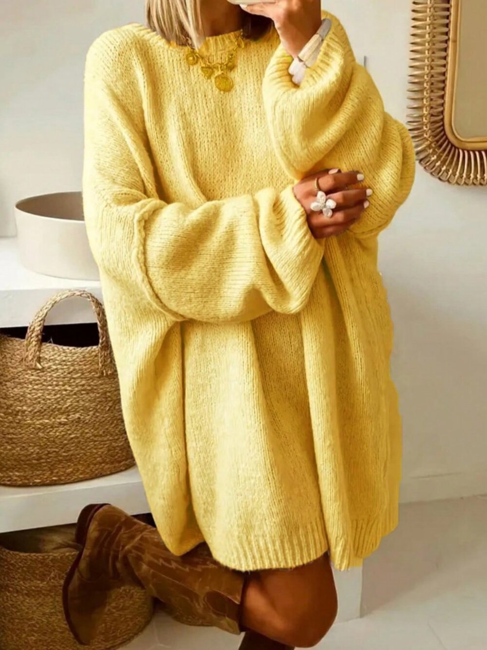 Yellow Casual Women's plus size Loose Long Sleeve Round Neck Crew Pullover
